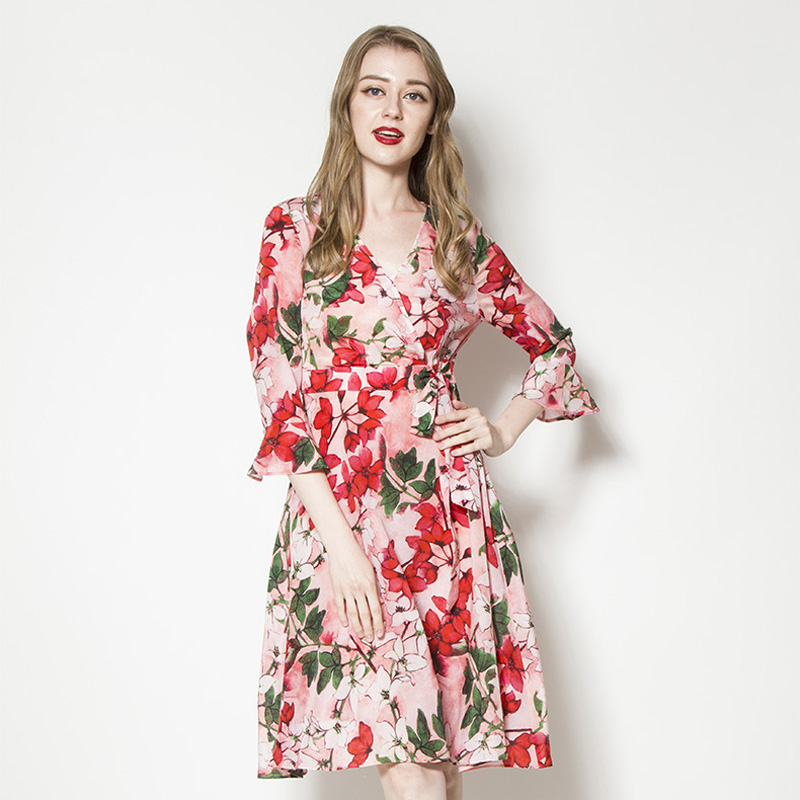 Silk Dresses Women Print Red dress Elegant V Neck Natural Fabric High Quality Hot Selling Free Shipping 